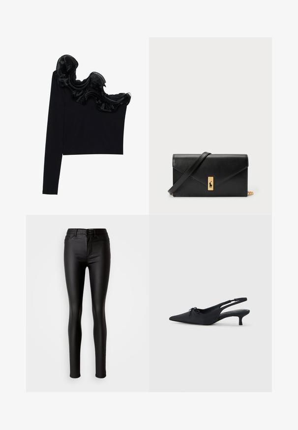 Top nero a spalla singola con sovrapposizione trasparente arricciata lungo il collo, realizzato in tessuto leggero con una texture morbida.; Jeans skinny neri in ecopelle con una consistenza liscia, vita alta, chiusura con bottone e design tradizionale a cinque tasche.; Tacchi slingback neri con punta affusolata, tessuto testurizzato, un piccolo dettaglio a forma di fiocco nella parte anteriore e un tacco kitten modesto.; Portafoglio in pelle nera con pattina a pieghe, accessori dorati, con un logo decorativo. Include una tracolla staccabile per il trasporto.