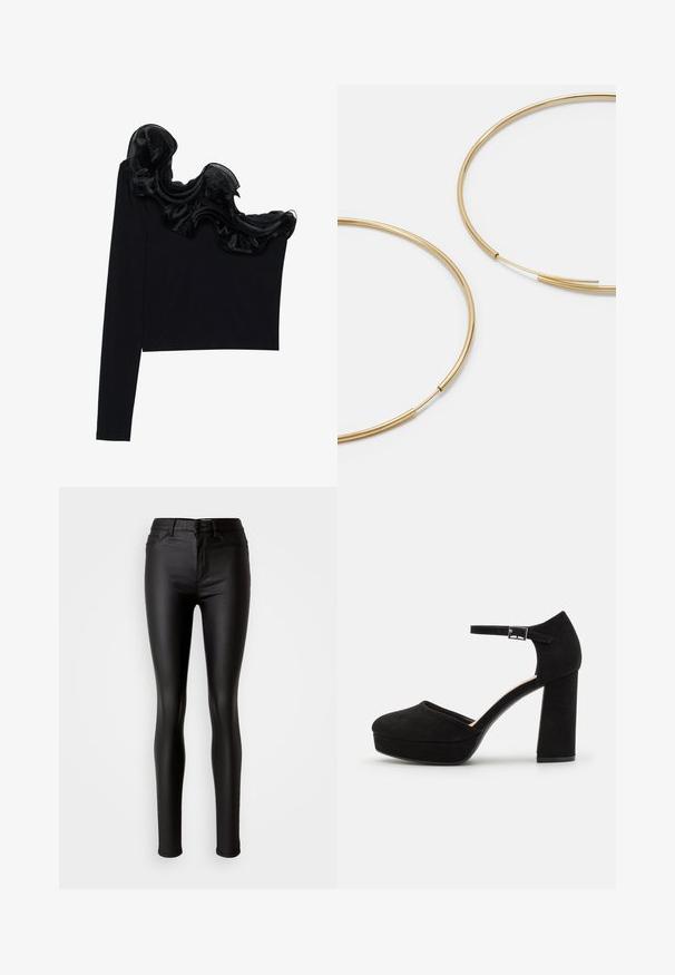 Črn top z enojnim ramenom, ki ima ruffle prosojno prevleko ob izrezu, narejen iz lahkega materiala z gladko teksturo.; Črne faux usnjene skinny hlače z gladko teksturo, visokim pasom, z gumbom na zapiranju in tradicionalnim petih žepnim oblikovanjem.; Črne semiš platform škornje z debelim blokastim peto, zaobljenim nosom in gležnjico, ki jo drži kovinska zaponka. Gladka tekstura po celotni površini.; Zlate obroče ušesne uhane, tanke in krožne oblike, z gladko kovinsko površino brez okrasnih elementov ali vzorcev.; Črna usnjena denarnica s prepognjenim pokrovom, zlato okovje, ki vključuje poudarek z logotipom. Vključuje odstranjljivo naramnico za nošenje.
