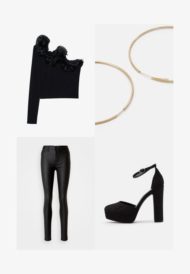 Černý top na jedno rameno s volánkovým průhledným přehozem v oblasti výstřihu, vyrobený z lehkého materiálu s hladkou texturou.; Černé skinny džíny z umělé kůže s hladkým povrchem, vysokým pasem, zapínáním na knoflík a tradičním pěti-pocket designem.; Černé semišové platformové podpatky s kulatou špičkou, kotníkovým páskem a vysokým blokovým podpatkem. Hladká textura s matným povrchem.; Zlaté kruhové náušnice, tenké a kulaté, s hladkým kovovým povrchem a bez zdobení či vzorů.; Černá kožená peněženka s překlopným víkem, zlatými prvky a logem. Obsahuje odnímatelný popruh pro nošení.