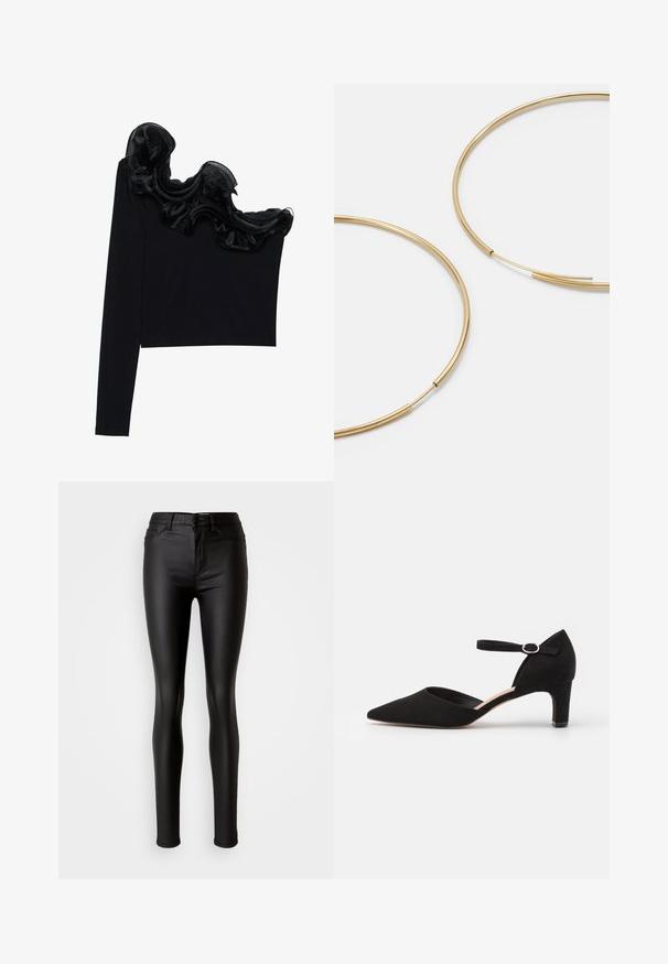 Top negro de un solo hombro con un volante de gasa transparente en el escote, hecho de un tejido ligero con una textura suave.; Jeans skinny de imitación cuero negro con una textura suave, cintura alta, cierre de botón y diseño tradicional de cinco bolsillos.; Zapato de tacón de ante negro con punta afilada, correa en el tobillo con hebilla circular y tacón bajo. Textura suave y diseño minimalista.; Pendientes de aro color dorado, delgados y redondos, con un acabado metálico suave y sin adornos ni patrones.; Billetera de cuero negra con solapa plegable, hardware dorado, que presenta un acento de logo. Incluye una correa desmontable para llevarla.