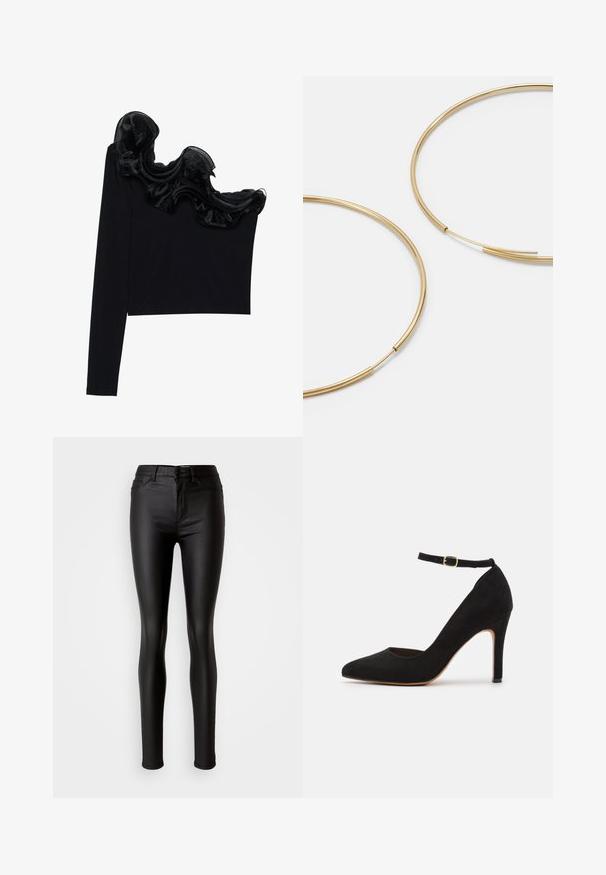 Juodas vieno peties marškinėlis su raukšlėtu permatomu apdaila aplink kaklą, pagamintas iš lengvos medžiagos su glotnia tekstūra.; Juodos dirbtinės odos liesos džinsinės kelnės su lygiu paviršiumi, aukštu liemeniu, mygtuko uždarymu ir tradicine penkių kišenių dizainu.; Juodas žaibas aukšto kulno batelis su smailiu nosiuku ir kulkšnies dirželiu. Yra auksinė sagtis ir plonas, siaurėjantis kulnas.; Aukso spalvos žiedo auskarai, ploni ir apvalūs, su lygiu metaliniu paviršiumi be papuošimų ar raštų.; Juodas odinis piniginė su užlenkiama sklende, auksinėmis detalėmis, su logotipo akcentu. Įeina nuimamas diržas nešiojimui.