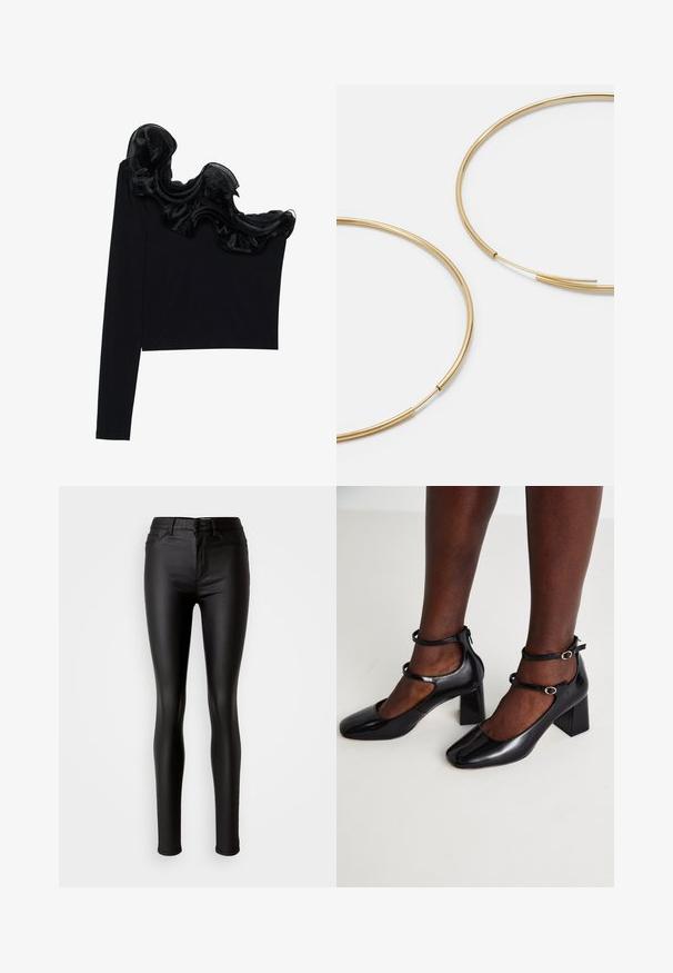 Top noir à une épaule avec un overlay transparent froncé le long de l'encolure, fabriqué à partir d'un tissu léger à la texture lisse.; Jean skinny en simili cuir noir avec une texture lisse, taille haute, fermeture bouton et design traditionnel à cinq poches.; ALDO KAERI - Escarpins - black; Boucles d'oreilles en forme de créole dorées, fines et rondes, avec une finition métallique lisse et sans embellissements ni motifs.; Portefeuille en cuir noir avec un rabat, matériel en or, mettant en avant un accent de logo. Inclut une sangle détachable pour le transport.