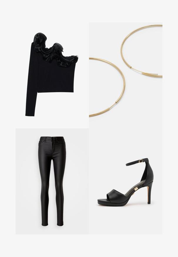 Juodas vieno peties marškinėlis su raukšlėtu permatomu apdaila aplink kaklą, pagamintas iš lengvos medžiagos su glotnia tekstūra.; Juodos dirbtinės odos liesos džinsinės kelnės su lygiu paviršiumi, aukštu liemeniu, mygtuko uždarymu ir tradicine penkių kišenių dizainu.; Juodas odinis aukštakulnis šleptas su atvira nosimi ir kulkšnies dirželiu. Pasižymi lygiu paviršiumi, aukso tono akcentu šalia kulno ir išlenkta forma.; Aukso spalvos žiedo auskarai, ploni ir apvalūs, su lygiu metaliniu paviršiumi be papuošimų ar raštų.; Juodas odinis piniginė su užlenkiama sklende, auksinėmis detalėmis, su logotipo akcentu. Įeina nuimamas diržas nešiojimui.