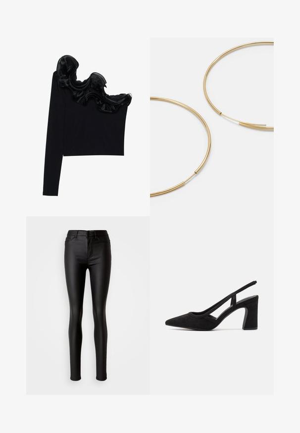 Črn top z enojnim ramenom, ki ima ruffle prosojno prevleko ob izrezu, narejen iz lahkega materiala z gladko teksturo.; Črne faux usnjene skinny hlače z gladko teksturo, visokim pasom, z gumbom na zapiranju in tradicionalnim petih žepnim oblikovanjem.; Črne semiš slingback pete z ostrim nosom, nastavljivim trakom in debelim petnikom. Minimalističen dizajn z gladko teksturo.; Zlate obroče ušesne uhane, tanke in krožne oblike, z gladko kovinsko površino brez okrasnih elementov ali vzorcev.; Črna usnjena denarnica s prepognjenim pokrovom, zlato okovje, ki vključuje poudarek z logotipom. Vključuje odstranjljivo naramnico za nošenje.