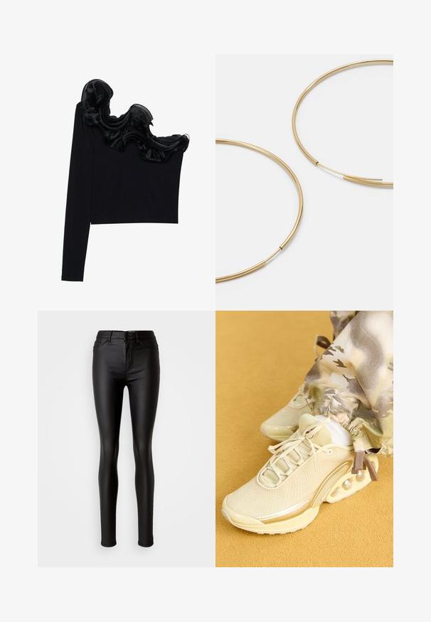 Must have ühe õlavarraga tops, millel on volangne sihvakate kaudu kaeluse ääres, valmistatud kergetest kangastest, millel on sile tekstuur.; Musta kunstnahast kitsad teksad, millel on sile tekstuur, kõrge vöökoht, nööbiga sulgemine ja traditsiooniline viie tasku disain.; Beezid sporditossud, millel on tekstuuriga võrgust ülemine osa, ümar nina ja nähtav õhukindel detail. Kombineeritud mustriliste jooksupükstega.; Kulla värvi nõelad, õhukesed ja ümmargused, millel on sile metallist pind ja ilma kaunistuste või mustriteta.; Must mustra rahakott, millel on voltimisega klapp, kuldne riistvaraga, ning millel on logo aktsent. Sisaldab eemaldatavat rihma kandmiseks.