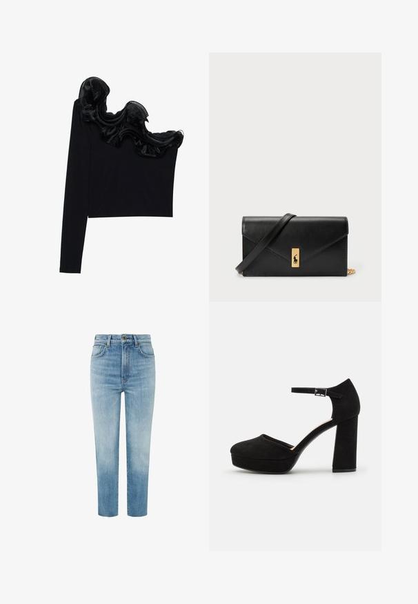 Must have ühe õlavarraga tops, millel on volangne sihvakate kaudu kaeluse ääres, valmistatud kergetest kangastest, millel on sile tekstuur.; Heledad sinine teksapüksid kõrge vöökoht, sirge sääre kujundusega, kerge pleekimisega ja fraktsioneeritud servaga. Omab kuldset nööpi ja kontrastset õmblust.; Mustad nubukist platvormi kõrged kontsad, millel on paks plokknina, ümmargune varvas ja pahkluu rihm, mis on kinnitatud metallist sanga abil. Ühtlane sile tekstuur.; Must mustra rahakott, millel on voltimisega klapp, kuldne riistvaraga, ning millel on logo aktsent. Sisaldab eemaldatavat rihma kandmiseks.