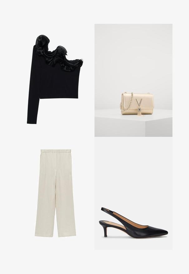 Crna bluzica s jednim ramenom koja se ističe prozračnim volanima uz dekolte, izrađena od lagane tkanine s glatkom teksturom.; Svijetlosmeđe široke hlače izrađene od naborane tkanine. Imaju elastičnu struk i dva bočna džepa za praktičnost.; Crne kožne slingback cipele sa špicastim vrhom, niskom kitten petom i glatkom teksturom. Imaju otvoreni dizajn straga i minimalne detalje šivanja.; Zlatna metalik torba s teksturiranim završetkom, koja ima lanac kao ručku i V-oblikovani kopčom s detaljem od resica. Kompaktni pravokutni oblik.