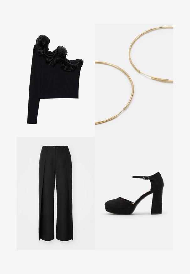 Must have ühe õlavarraga tops, millel on volangne sihvakate kaudu kaeluse ääres, valmistatud kergetest kangastest, millel on sile tekstuur.; Mustad laiad püksid, mis on valmistatud siledast kangast, sisaldavad ees plekke, ühte nupuvajutust ja vöörihmade silmuseid.; Mustad nubukist platvormi kõrged kontsad, millel on paks plokknina, ümmargune varvas ja pahkluu rihm, mis on kinnitatud metallist sanga abil. Ühtlane sile tekstuur.; Kulla värvi nõelad, õhukesed ja ümmargused, millel on sile metallist pind ja ilma kaunistuste või mustriteta.; Must mustra rahakott, millel on voltimisega klapp, kuldne riistvaraga, ning millel on logo aktsent. Sisaldab eemaldatavat rihma kandmiseks.