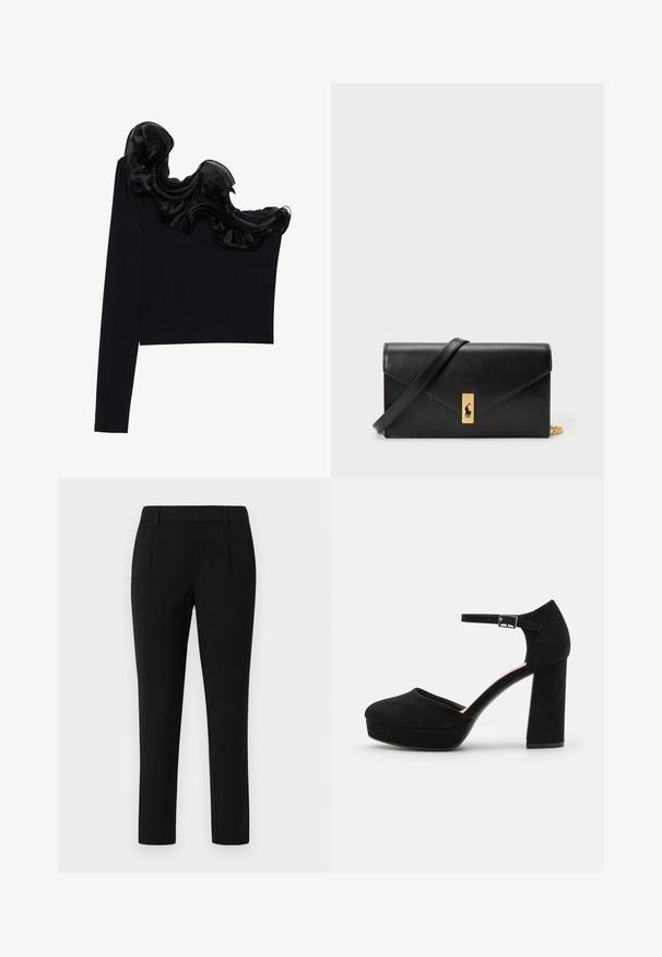 Top noir à une épaule avec un overlay transparent froncé le long de l'encolure, fabriqué à partir d'un tissu léger à la texture lisse.; Pantalon noir ajusté avec une coupe droite, fabriqué dans un tissu lisse. Caractéristiques: devant plat, passants de ceinture, et sans poches.; Talons compensés en suède noir avec un gros talon carré, bout rond et bride de cheville fixée par une boucle en métal. Texture lisse sur l'ensemble.; Portefeuille en cuir noir avec un rabat, matériel en or, mettant en avant un accent de logo. Inclut une sangle détachable pour le transport.