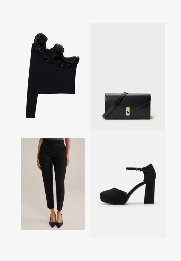 Fekete, egy vállat szabadon hagyó felső, fodros, áttetsző overlay résszel a nyakvonal mentén, könnyű anyagból készült, sima tapintással.; Nő karcsú fekete bokáig érő nadrágban és fekete hegyes orrú magassarkú cipőben, világos háttér előtt áll.; Fekete velúr platform sarkú cipők vastag, blokksarkúval, lekerekített orral és fémcsattal rögzített bokapánttal. Simább textúrájú egész terjedelemben.; Fekete bőr pénztárca hajtható fedéllel, aranyszínű kiegészítőkkel, logóval díszítve. Levehető pánttal a könnyű hordozás érdekében.