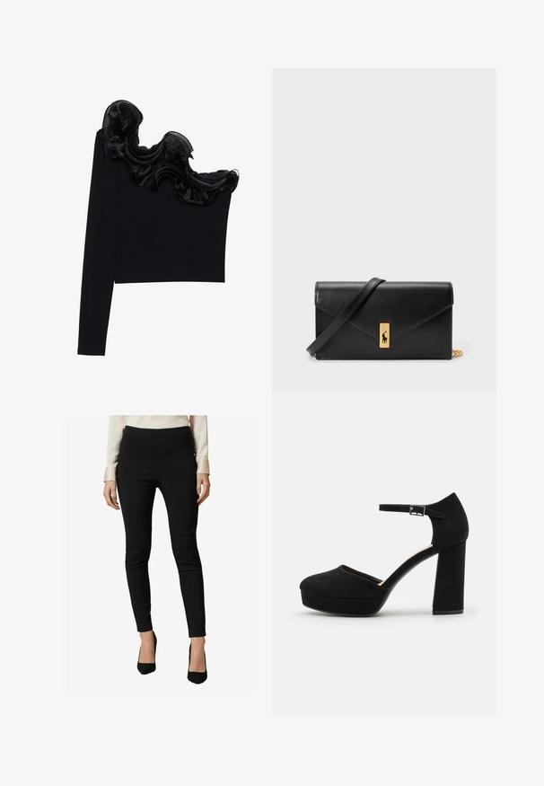 Must have ühe õlavarraga tops, millel on volangne sihvakate kaudu kaeluse ääres, valmistatud kergetest kangastest, millel on sile tekstuur.; Friends Like These SCULPTING STRETCH - Püksid - black; Mustad nubukist platvormi kõrged kontsad, millel on paks plokknina, ümmargune varvas ja pahkluu rihm, mis on kinnitatud metallist sanga abil. Ühtlane sile tekstuur.; Must mustra rahakott, millel on voltimisega klapp, kuldne riistvaraga, ning millel on logo aktsent. Sisaldab eemaldatavat rihma kandmiseks.