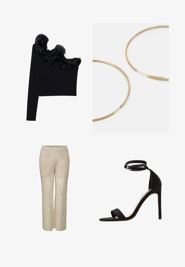 Črn top z enojnim ramenom, ki ima ruffle prosojno prevleko ob izrezu, narejen iz lahkega materiala z gladko teksturo.; Bež hlače s paščki v obliki zigzaga, visok pas in široke noge, z gladko teksturo in sijajno površino.; Črne semiš sandale s peto z enostavno zasnovo traku, odprto konico in trak na gležnju, ki ima srebrno zaponko.; Zlate obroče ušesne uhane, tanke in krožne oblike, z gladko kovinsko površino brez okrasnih elementov ali vzorcev.