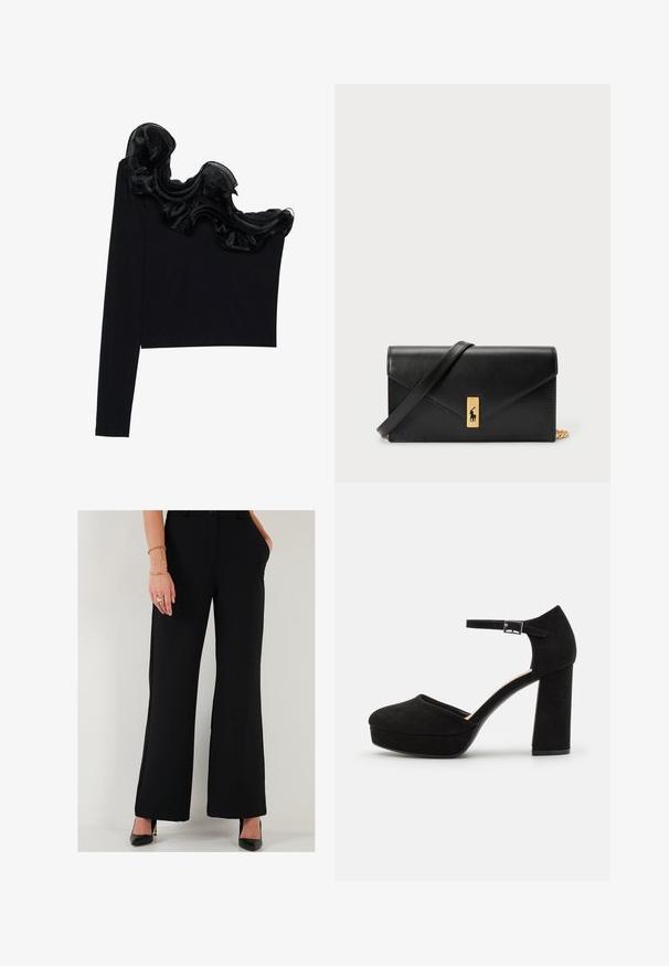 Črn top z enojnim ramenom, ki ima ruffle prosojno prevleko ob izrezu, narejen iz lahkega materiala z gladko teksturo.; Črne široke hlače iz gladkega materiala z sprednjimi žepi, ki imajo prilegajoč se pas in gumbno zapiranje spredaj.; Črne semiš platform škornje z debelim blokastim peto, zaobljenim nosom in gležnjico, ki jo drži kovinska zaponka. Gladka tekstura po celotni površini.; Črna usnjena denarnica s prepognjenim pokrovom, zlato okovje, ki vključuje poudarek z logotipom. Vključuje odstranjljivo naramnico za nošenje.