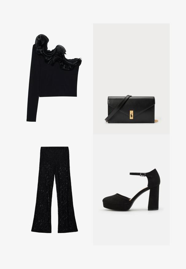 Černý top na jedno rameno s volánkovým průhledným přehozem v oblasti výstřihu, vyrobený z lehkého materiálu s hladkou texturou.; Mango Kalhoty - black; Černé zamšové platformové podpatky s širokým blokovým podpatkem, zaoblenou špičkou a kotníkovým páskem, který je zajištěn kovovou sponou. Hladký povrch po celém obvodu.; Černá kožená peněženka s překlopným víkem, zlatými prvky a logem. Obsahuje odnímatelný popruh pro nošení.