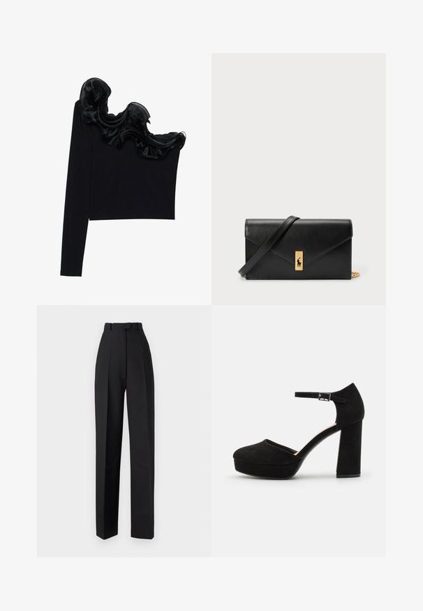 Black one-shoulder top featuring a ruffled sheer overlay along the neckline, made from lightweight fabric with a smooth texture.; Black high-waisted trousers with pleats, featuring a tailored design and straight legs. Made from a smooth fabric, minimal detailing.; Black suede platform heels with a thick block heel, rounded toe, and ankle strap secured by a metal buckle. Smooth texture throughout.; Black leather wallet with a fold-over flap, gold hardware, featuring a logo accent. Includes a detachable strap for carrying.