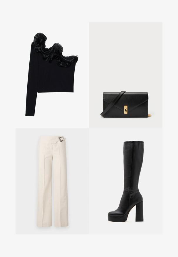Fekete, egy vállat szabadon hagyó felső, fodros, áttetsző overlay résszel a nyakvonal mentén, könnyű anyagból készült, sima tapintással.; Homlokzati nadrág krémszínű, textúrált felületű anyagból. Oldalredők és dekoratív öv jellemzi, kör alakú csattal kiemelve.; Fekete, térd fölé érő csizmák sima bőrből, struktúrált felülettel, magas tömbsarokkal és kerek orral.; Fekete bőr pénztárca hajtható fedéllel, aranyszínű kiegészítőkkel, logóval díszítve. Levehető pánttal a könnyű hordozás érdekében.