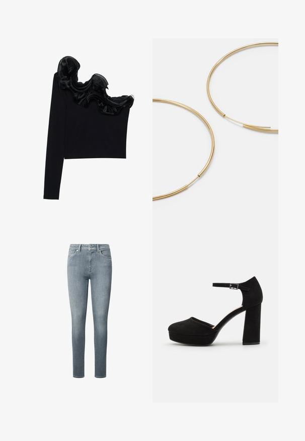 Črn top z enojnim ramenom, ki ima ruffle prosojno prevleko ob izrezu, narejen iz lahkega materiala z gladko teksturo.; Slim-fit kavbojke iz mehkega, svetlo modrega denima. Imajo pet žepov, zadrgo in zanke za pas, gladko teksturo in minimalno bledenje.; Črne semiš platform škornje z debelim blokastim peto, zaobljenim nosom in gležnjico, ki jo drži kovinska zaponka. Gladka tekstura po celotni površini.; Zlate obroče ušesne uhane, tanke in krožne oblike, z gladko kovinsko površino brez okrasnih elementov ali vzorcev.; Črna usnjena denarnica s prepognjenim pokrovom, zlato okovje, ki vključuje poudarek z logotipom. Vključuje odstranjljivo naramnico za nošenje.