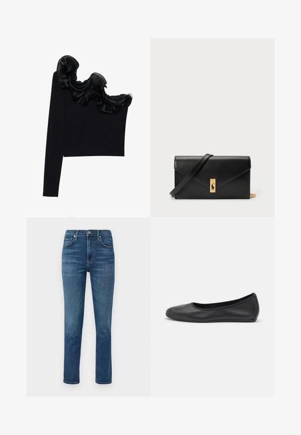 Črn top z enojnim ramenom, ki ima ruffle prosojno prevleko ob izrezu, narejen iz lahkega materiala z gladko teksturo.; Temno modri traper hlače s ravnim krojem, zasnovo s petimi žepi in kovinsko gumbom v pasu. Diskretno bledenje in detajli šivanja.; Črne usnjene balerinke z zaobljenim nosom, gladko teksturo, minimalnimi šivi in fleksibilno zasnovo podplata.; Črna usnjena denarnica s prepognjenim pokrovom, zlato okovje, ki vključuje poudarek z logotipom. Vključuje odstranjljivo naramnico za nošenje.