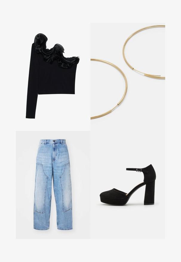 Top nero a spalla singola con sovrapposizione trasparente arricciata lungo il collo, realizzato in tessuto leggero con una texture morbida.; Pantaloni ampi in denim azzurro chiaro con due grandi tasche anteriori, chiusura a bottone e leggere sfumature. Dettagli cuciti sulle tasche.; Scarpe con tacco a piattaforma nere in suede, dotate di un spesso tacco a blocco, punta arrotondata e cinturino alla caviglia fissato da una fibbia in metallo. Texture liscia su tutta la superficie.; Orecchini a cerchio color oro, sottili e rotondi, con una finitura metallica liscia e senza decorazioni o motivi.; Portafoglio in pelle nera con pattina a pieghe, accessori dorati, con un logo decorativo. Include una tracolla staccabile per il trasporto.