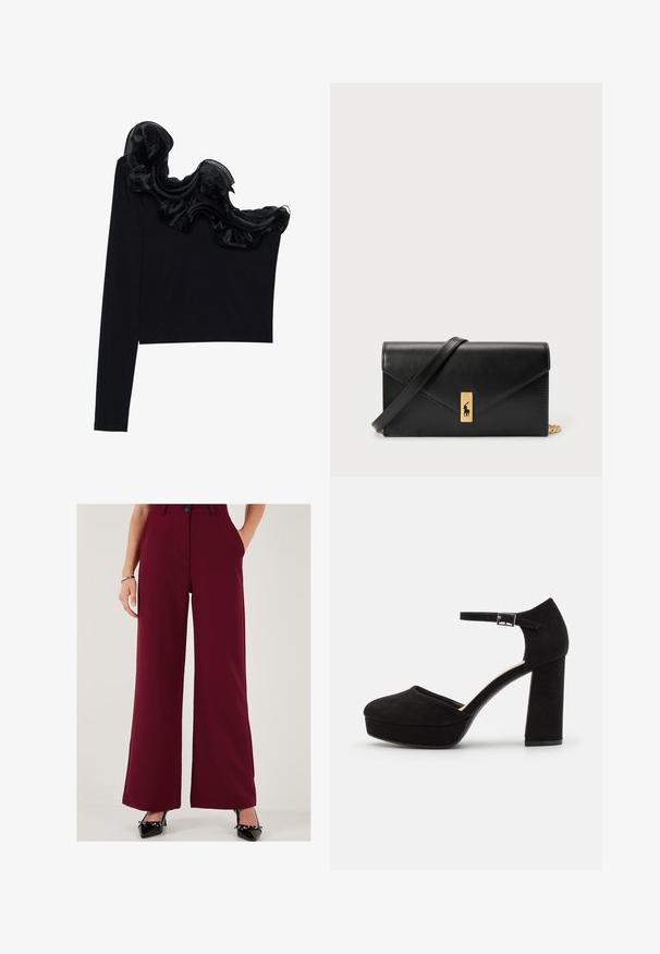 Čierny top na jedno rameno s volánkovým priesvitným prešívaním pozdĺž dekoltu, vyrobený z ľahkej tkaniny s hladkou textúrou.; Burgundské nohavice s širokými nohavicami vyrobené z hladkej tkaniny s vysokým pásom, vybavené predným zapínaním na gombík a bočnými vreckami. Doplnené čiernymi podpätkami.; Čierne semišové platformové opätky s hrubým blokovým opätkom, zaoblenou špičkou a remienkom okolo členka zabezpečeným kovovou prackou. Hladký povrch po celom obvode.; Čierna kožená peňaženka s preklápacou klopou, zlatými kovovými detailmi a logom. Obsahuje odnímateľný popruh na nosenie.
