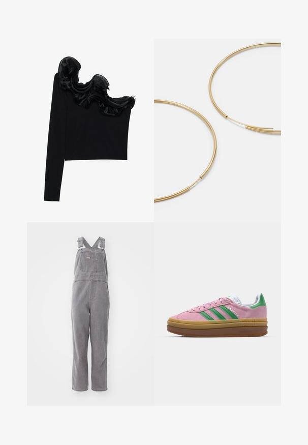 Czarna bluzka na jedno ramię z falbaną z przezroczystego materiału wzdłuż dekoltu, wykonana z lekkiego materiału o gładkiej fakturze.; Szare dżinsowe ogrodniczki z regulowanymi ramiączkami, przednią kieszenią i luźnym krojem. Posiadają nogawki o prostym kroju i jednolitą kolorystykę.; Różowe zamszowe sneakersy z zielonymi paskami, białymi akcentami i brązową gumową podeszwą. Posiadają teksturowany materiał i detale logo po boku.; Złote kolczyki w kształcie cienkich okrągłych obręczy, o gładkim metalicznym wykończeniu, bez zdobień czy wzorów.; Czarny skórzany portfel z klapą, złotą okuciami, z akcentem logo. Zawiera odpinany pasek do noszenia.