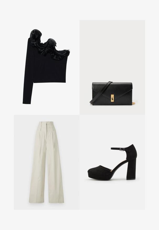 Čierny top na jedno rameno s volánkovým priesvitným prešívaním pozdĺž dekoltu, vyrobený z ľahkej tkaniny s hladkou textúrou.; Béžové široké nohavice vyrobené z hladkej látky, so zvýšeným pásom a tromi horizontálnymi pruhmi, a predným záhybom.; Čierne semišové platformové opätky s hrubým blokovým opätkom, zaoblenou špičkou a remienkom okolo členka zabezpečeným kovovou prackou. Hladký povrch po celom obvode.; Čierna kožená peňaženka s preklápacou klopou, zlatými kovovými detailmi a logom. Obsahuje odnímateľný popruh na nosenie.
