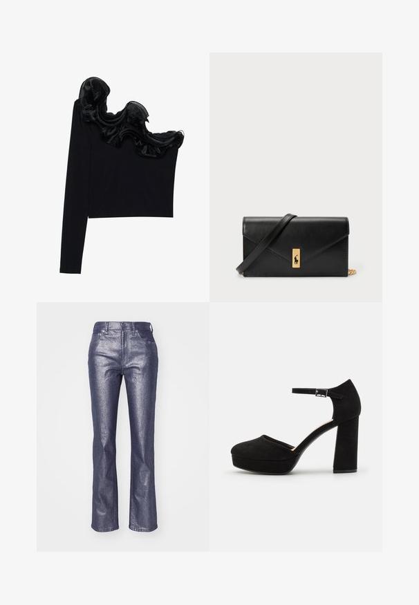Juodas vieno peties marškinėlis su raukšlėtu permatomu apdaila aplink kaklą, pagamintas iš lengvos medžiagos su glotnia tekstūra.; Metallic tamsiai mėlyni džinsai su platėjantys kojų kirpimu, pasižymintys lygiu paviršiumi ir subtiliu žvilgesiu. Penkių kišenių stilius su mygtuko uždarymu.; Juodi zomšiniai platforminiai kulniukai su storu bloku kulnu, apvalia nosimi ir čiurnos dirželiu, kuris pritvirtintas metaliniu užsegimu. Visoje apavo tekstūra lygi.; Juodas odinis piniginė su užlenkiama sklende, auksinėmis detalėmis, su logotipo akcentu. Įeina nuimamas diržas nešiojimui.