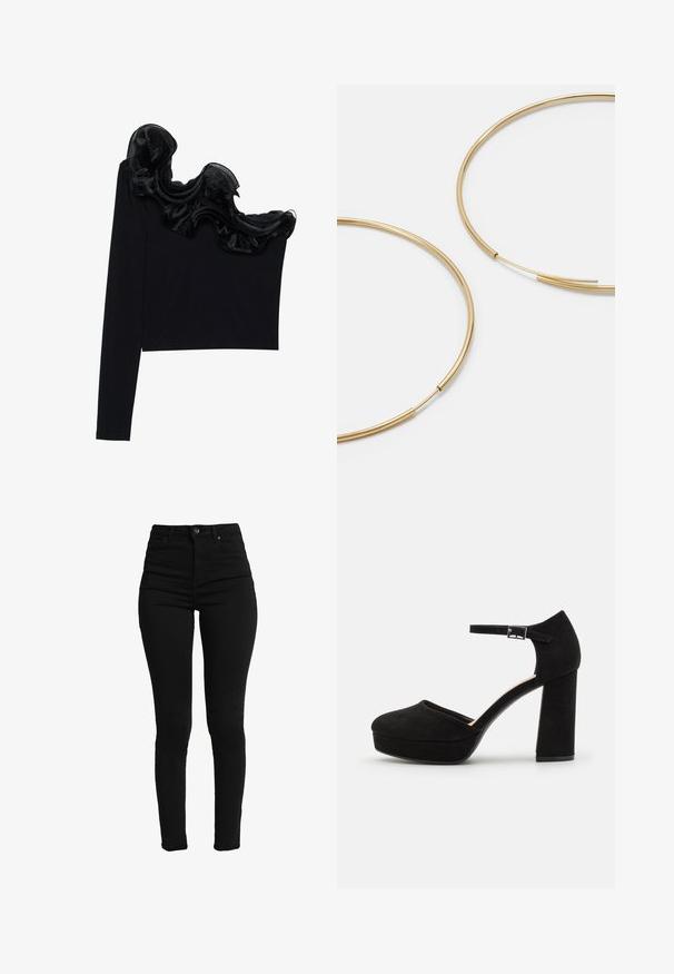 Černý top na jedno rameno s volánkovým průhledným přehozem v oblasti výstřihu, vyrobený z lehkého materiálu s hladkou texturou.; Černé úzké džíny s vysokým pasem vyrobené z elastického denimu, s předním knoflíkem, zipem a pěti kapsami pro praktičnost.; Černé zamšové platformové podpatky s širokým blokovým podpatkem, zaoblenou špičkou a kotníkovým páskem, který je zajištěn kovovou sponou. Hladký povrch po celém obvodu.; Zlaté kruhové náušnice, tenké a kulaté, s hladkým kovovým povrchem a bez zdobení či vzorů.; Černá kožená peněženka s překlopným víkem, zlatými prvky a logem. Obsahuje odnímatelný popruh pro nošení.