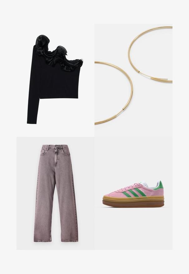 Schwarzes Top mit einem Schulterträger, das mit einem rüschenartigen, transparenten Überzug entlang des Ausschnitts versehen ist, aus leichtem Material mit glatter Textur gefertigt.; Hoch taillierte, weite Jeans im hellvioletten Denim, mit Knopfverschluss, fünf Taschen und sanften Ausbleichungen an den Nähten.; Rosa Wildledersneaker mit grünen Streifen, weißen Akzenten und einer braunen Gummisohle. Verfügt über strukturierten Stoff und Logodetails an der Seite.; Goldfarbene Ohrringe in Form von dünnen, runden Kreolen, mit einer glatten, metallischen Oberfläche und ohne Verzierungen oder Muster.