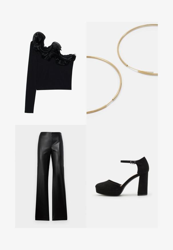 Černý top na jedno rameno s volánkovým průhledným přehozem v oblasti výstřihu, vyrobený z lehkého materiálu s hladkou texturou.; Černé kožené zvonové kalhoty s hladkým povrchem, vyznačující se vysokým pasem a jednoduchým designem, které se na vrchu zužují a směrem k lemu se rozšiřují.; Černé zamšové platformové podpatky s širokým blokovým podpatkem, zaoblenou špičkou a kotníkovým páskem, který je zajištěn kovovou sponou. Hladký povrch po celém obvodu.; Zlaté kruhové náušnice, tenké a kulaté, s hladkým kovovým povrchem a bez zdobení či vzorů.; Černá kožená peněženka s překlopným víkem, zlatými prvky a logem. Obsahuje odnímatelný popruh pro nošení.