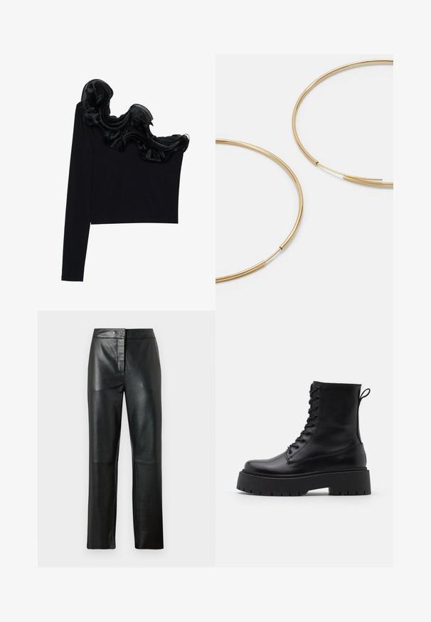 Must have ühe õlavarraga tops, millel on volangne sihvakate kaudu kaeluse ääres, valmistatud kergetest kangastest, millel on sile tekstuur.; Mustad nahkantsid sileda tekstuuriga, sirge jala disainiga, esise nupuga kinnituse ja minimaalsete õmbluste detailidega.; Mustad mustad nahast pahkluu saapad ümarate varvastega, nööridega esiosas ja paksu kummist talla ning tekstuuritud mustriga. Tagumine tõmbeaas.; Kulla värvi nõelad, õhukesed ja ümmargused, millel on sile metallist pind ja ilma kaunistuste või mustriteta.; Must mustra rahakott, millel on voltimisega klapp, kuldne riistvaraga, ning millel on logo aktsent. Sisaldab eemaldatavat rihma kandmiseks.