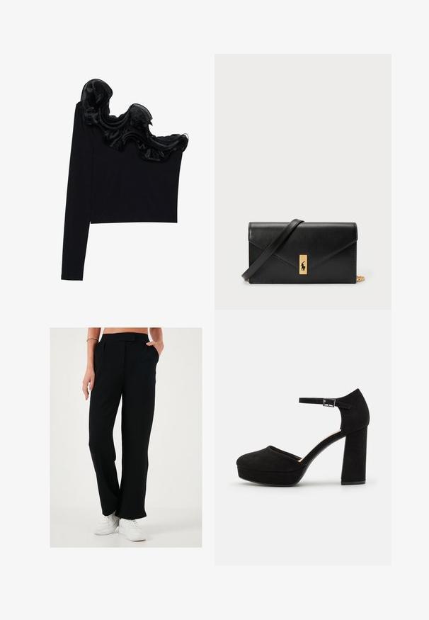 Schwarzes Top mit einem Schulterträger, das mit einem rüschenartigen, transparenten Überzug entlang des Ausschnitts versehen ist, aus leichtem Material mit glatter Textur gefertigt.; Schwarze, weit geschnittene Hosen mit glatter Textur, gefältelter Vorderseite und seitlichen Taschen. In Kombination mit weißen Sneakern für einen Kontrast.; Schwarze Wildleder-Plattformabsätze mit einem dicken Blockabsatz, runder Zehenpartie und einem Knöchelriemen, der mit einer Metallschnalle gesichert ist. Glatte Oberfläche über das gesamte Schuhwerk.; Schwarze Leder-Geldbörse mit Klappverschluss, goldfarbener Hardware und Logo-Akzent. Inklusive abnehmbarem Trageriemen.