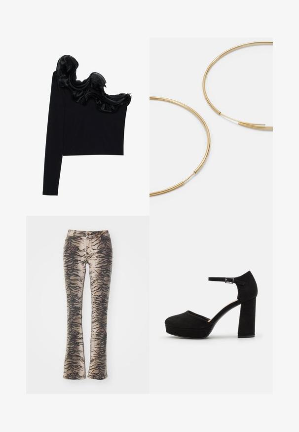 Musta yksi olkapäätoppi, jossa on röyhelöinen läpikuultava päällyste kaula-aukossa, valmistettu kevyestä materiaalista, jossa on sileä rakenne.; Vaatteet, joissa on leveät lahkeet, valmistettu beigen ja mustan tiikerinraidallista kangasta, varustettu etutaskuilla ja vetskarilla.; Mustat mokkanahkaiset korkokengät, joissa on paksu tukikorko, pyöreä kärki ja nilkkavöri, joka on kiinnitetty metallisella soljella. Pintakuvio on sileä.; Kultaiset rengaskorvakorut, ohuet ja pyöreät, joissa on sileä metallipinta ilman koristeluja tai kuvioita.; Mustavärinen nahkalompakko, jossa on käännettävä läppä, kultaiset yksityiskohdat ja logoakseli. Mukana irrotettava olkahihna kuljetusta varten.