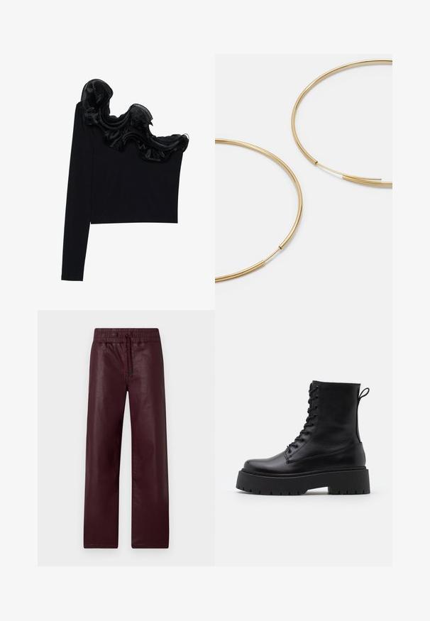 Črn top z enojnim ramenom, ki ima ruffle prosojno prevleko ob izrezu, narejen iz lahkega materiala z gladko teksturo.; Burgundske hlače iz umetnega usnja s sproščenim krojem, elastičnim pasom in vrvico. Gladka tekstura z rahlo sijajno površino.; Črne usnjene gležnjarje z okroglo konico, vezalnim sprednjim delom in debelim gumijastim podplatom z teksturiranim profilom. Zanka na hrbtni strani.; Zlate obroče ušesne uhane, tanke in krožne oblike, z gladko kovinsko površino brez okrasnih elementov ali vzorcev.; Črna usnjena denarnica s prepognjenim pokrovom, zlato okovje, ki vključuje poudarek z logotipom. Vključuje odstranjljivo naramnico za nošenje.