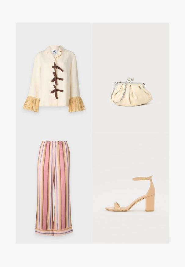 Sleeper CRUSOE SHIRT - Overhemdblouse - white asparagus; Gestreepte pyjamabroek met een elastische tailleband, brede benen en afwisselend roze, lavendel en gele strepen met een gladde textuur.; Nude patenten leren heeled sandalen met een vierkante neus, enkelbandje en een stevige blokhak. Gladde textuur en minimalistische ontwerpelementen.; Geplooide beige leren clutch met een zilveren metalen frame, voorzien van twee ronde decoratieve sluitingen en een zilveren kettingriem.; Parel bloem oorbellen met gouden accenten. Elke bloemblad bevat kleine, ronde parels in een bloemontwerp, met hangende pareldetails.
