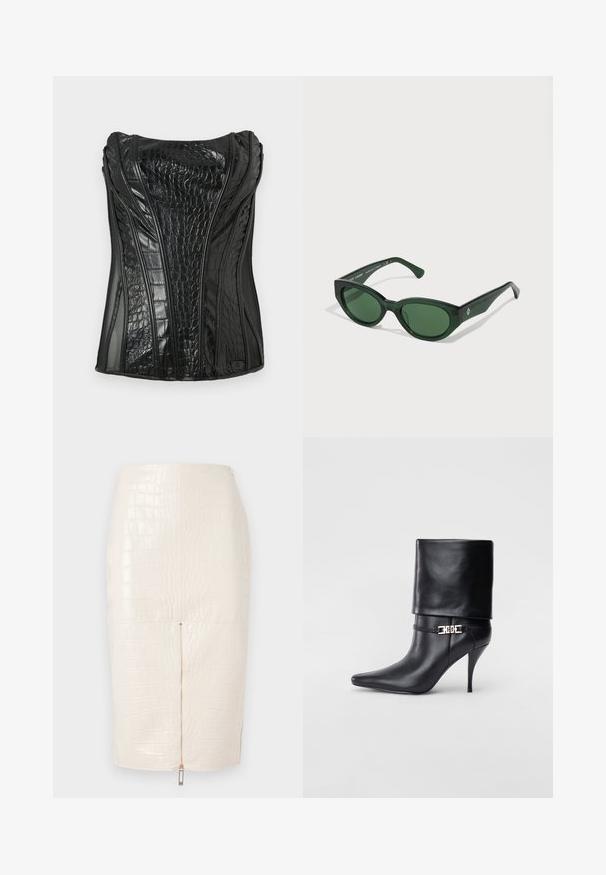Top negru fără mâneci, realizat din piele sintetică lucioasă cu textură de crocodil, având cusături verticale și un design structurat.; Fustă creion din piele ecologică cu model de crocodil, de culoare crem, având o închidere cu fermoar la spate și o textură netedă, lucioasă.; Botine negre din piele, cu vârf ascuțit, toc înalt și subțire, cu manșetă pliată și un detaliu decorativ cu cataramă aurie la gleznă.; Ochelari de soare verzi cu o finisare lucioasă, rame dreptunghiulare și lentile de culoare verde închis. Prezintă un logo subtil pe latură.; Geantă de piele neagră cu un mâner în formă de pisică aurie, având clapetă frontală, curea ajustabilă și detaliu cu logo în partea inferioară frontală.