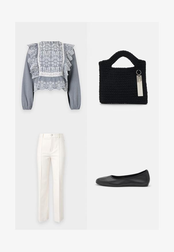 Blusa a cuadros en navy y blanco con detalles de encaje, mangas con volantes, dobladillo peplum y puños elásticos, confeccionada en tejido ligero.; Pantalones de pierna recta blancos en mezcla de algodón, con una textura suave, dos pliegues frontales y una cintura con un cierre de botón único.; Bailarina de piel negra con punta redondeada, textura suave, detalle de costura minimalista y diseño de suela flexible.; Won Hundred MARSIELLE COMPUTER BAG UNISEX - Funda para portátil - black