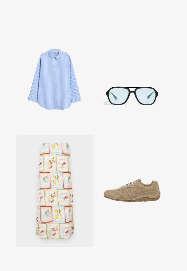 Lys blå skjorte med knapper og vertikale hvide striber, spidse kraver, lange ærmer og afrundet kant. Lavet af glat stof med en afslappet pasform.; Maxiskirt i let materiale med et lyst multihardt mønster, der inkluderer frugter og kystscener i pastelfarver og teksturerede detaljer.; Beige ruskinds sneaker med lav profil, tekstureret overflade og hvide snørebånd. Har et buet design og en gummisål for godt greb.; Sorte solbriller med rektangulære rammer, blåtonede linser og et karakteristisk brodesign. Slank finish, afdæmpet tekstur.; Hvid læderhåndtaske med en klap i guldtonet metal, sorte detaljer, en aftagelig skulderrem og et struktureret design med flaplukning.