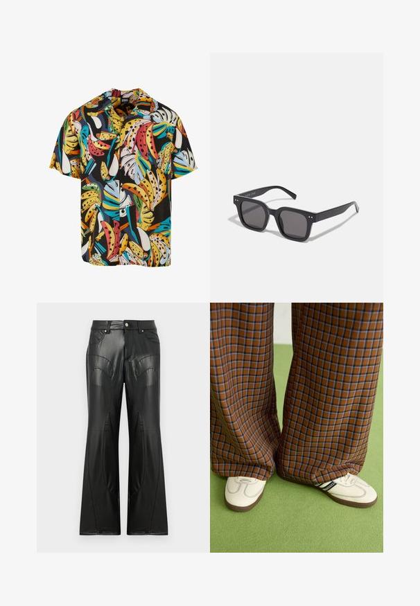 Īsām piedurkņu krekls, kas izgatavots no viegla auduma, ar daudzkrāsainu banānu un lapu rakstu uz melna fona.; Melnas flautu bikses no mākslīgās ādas, ar priekšējiem kabatām, redzamām šuvēm un izliektiem paneļiem sānos.; Brūni un zili rūtaini platās kājas bikses, kas savienotas ar baltām kurpēm ar melniem akcentiem un teksturētām zolēm, uz zaļa fona.; Melnas taisnstūra saulesbrilles ar tumšiem stikliem, kuras iezīmē bieza rāmja konstrukcija, diskrēti akcenti sānos, un nav redzamu logo ārpus zīmola nosaukuma.