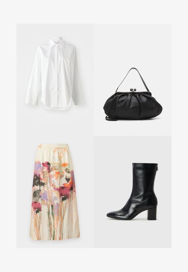 Biela košeľa s dlhými rukávmi a klasickým golierom, s gombíkovým zapínaním vpredu a mierne zakriveným spodným okrajom. Hladká tkanina s čerstvým vzhľadom.; Sukňa s kvetinovým vzorom na smotanovom pozadí; obsahuje farebné, abstraktné kvety v ružovej, fialovej a oranžovej farbe; elastický pás.; Čierne kožené členkové topánky s špicatou špičkou a blokovým podpätkom vysokým 4 cm. Elegantný dizajn obsahuje bočný zips pre jednoduché obúvanie. Hladká textúra.; Čierna kožená kabelka s zaobleným, nariadeným dizajnom. Disponuje kovovým zapínaním s dvoma dekoračnými guľôčkami a tenkým, odnímateľným popruhom.