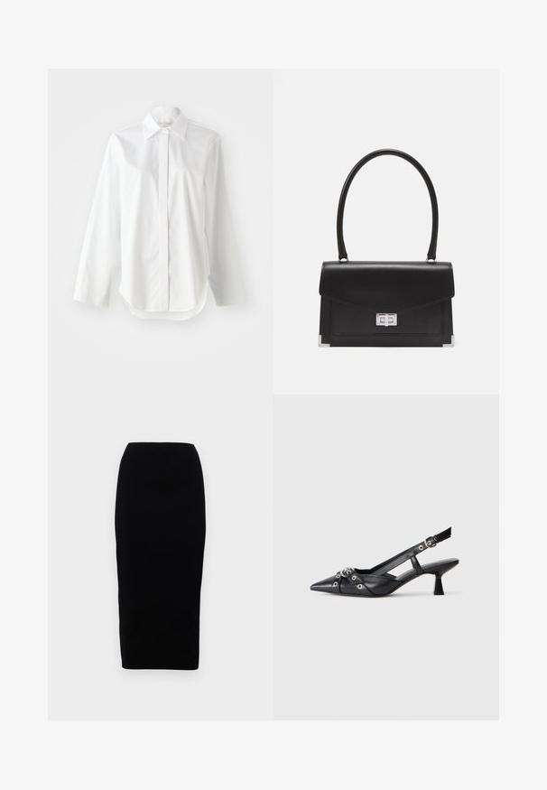 Cămașă albă cu mâneci lungi, cu guler clasic, cu închidere pe butoane și un tiv ușor curbat. Material neted cu un aspect curat.; Fustă tip creion neagră, ajustată pe corp, cu o textură netedă, talie înaltă și design până la genunchi. Fără modele vizibile sau detalii de feronerie.; Pantofii slingback din piele neagră, cu vârful ascuțit, curele decorative cu ochiuri din metal și toc bloc mic. Suprafață texturată.; Geantă de mână din piele neagră cu un design structurat, un mâner superior și o închidere din argint. Prezintă accente la colțuri și o textură netedă.