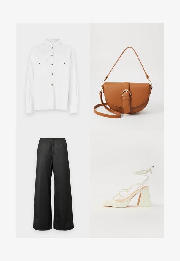 Camisa blanca de manga larga con cuello abotonado, dos bolsillos en el pecho y botones marrones, con una textura suave y un corte relajado.; Pantalones de pierna ancha negros con bolsillos frontales y cintura alta, confeccionados con una tela suave, expuestos sobre un fondo claro y liso.; Sandalia de tacón alto blanca con un tacón grueso, que presenta un diseño de tiras y un lazo en el tobillo. Textura suave con una plataforma en la parte delantera para mayor altura.; Bolso bandolera de cuero marrón con forma curvada, herrajes dorados y un acento de hebilla. Incluye una correa de hombro desmontable.