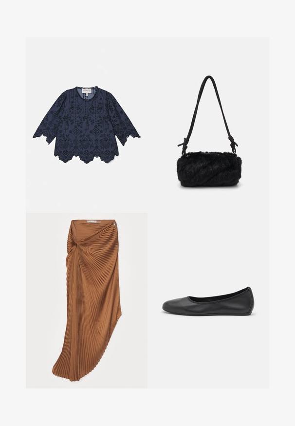 Navy blue cotton blouse featuring long sleeves, intricate floral embroidery, scalloped hem, and button accents along the neckline.; Brown pleated skirt with a twist design at the waist, featuring a smooth texture and a side zipper closure.; Black leather ballet flat with a rounded toe, smooth texture, minimal stitching detail, and a flexible sole design.; Black faux fur handbag with a textured, fluffy body. Features a sleek black strap with knotted accents. Compact cylindrical shape.