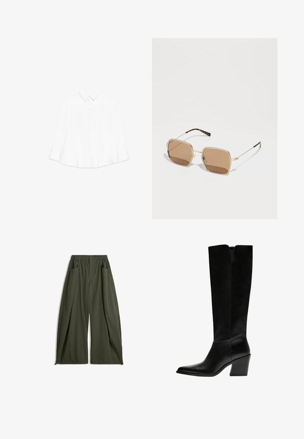 Biała koszula z długim rękawem, z ostro zakończonym kołnierzykiem, zapinana na guziki z przodu, w luźnym, oversize'owym kroju. Teksturowana tkanina o minimalistycznym wzornictwie.; Szerokie spodnie w odcieniu oliwkowym, wykonane z materiału, z elastycznym paskiem w talii, dwoma bocznymi kieszeniami oraz fakturowanym wykończeniem.; Czarne kozaki do kolan wykonane z gładkiej skóry, z ostro zakończonym noskiem, blokowym obcasem i wycięciem w kształcie litery V na górze.; Złote okulary przeciwsłoneczne o kwadratowym kształcie, brązowych soczewkach i subtelnych akcentach w kolorze zielonym i czerwonym na oprawce. Cienkie, smukłe zauszniki.; Brązowa torebka z zamszu o trójkątnym wzorze, z wydłużonymi ramiączkami i dużym otwartym wnętrzem z wyciętym uchwytem.