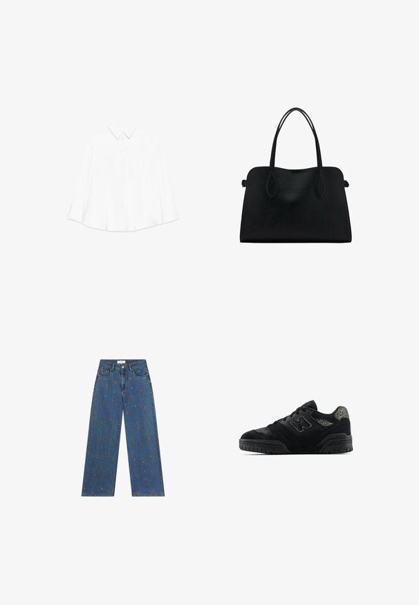 Camicia bianca a maniche lunghe con colletto a punta, frontale con bottoni e una vestibilità oversize e rilassata. Tessuto testurizzato con design minimale.; Jeans in denim blu a gamba larga con motivi floreali ricamati in arancione e bianco, dotati di chiusura con bottone e tasche frontali.; Sneaker nera bassa con suola testurizzata, design con lacci, pannelli in suede e accenti a motivo sul tallone e sul logo laterale.; Borsa a mano in pelle nera con doppio manico, forma rettangolare e design minimalista su sfondo bianco.