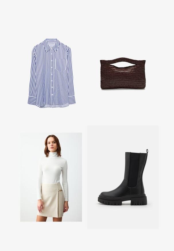Niebiesko-biała pionowo paskowana koszula z długim rękawem, zapinana na guziki, z kołnierzykiem w szpic i kieszonką na piersi, położona na białym tle.; Obcisła biała golf z prążkowanej tkaniny z długimi rękawami, w zestawieniu z beżową spódnicą o kroju kopertowym z złotym akcentem na pasku.; Czarne botki za kostkę wykonane ze skóry z teksturowaną powierzchnią, elastycznymi bocznymi panelami i grubą, żebrowaną podeszwą dla lepszej przyczepności.; Torebka z brązowej, plecionej skóry z zaokrąglonym uchwytem u góry i otwartą sylwetką, charakteryzująca się teksturowaną powierzchnią oraz eleganckim, minimalistycznym designem.