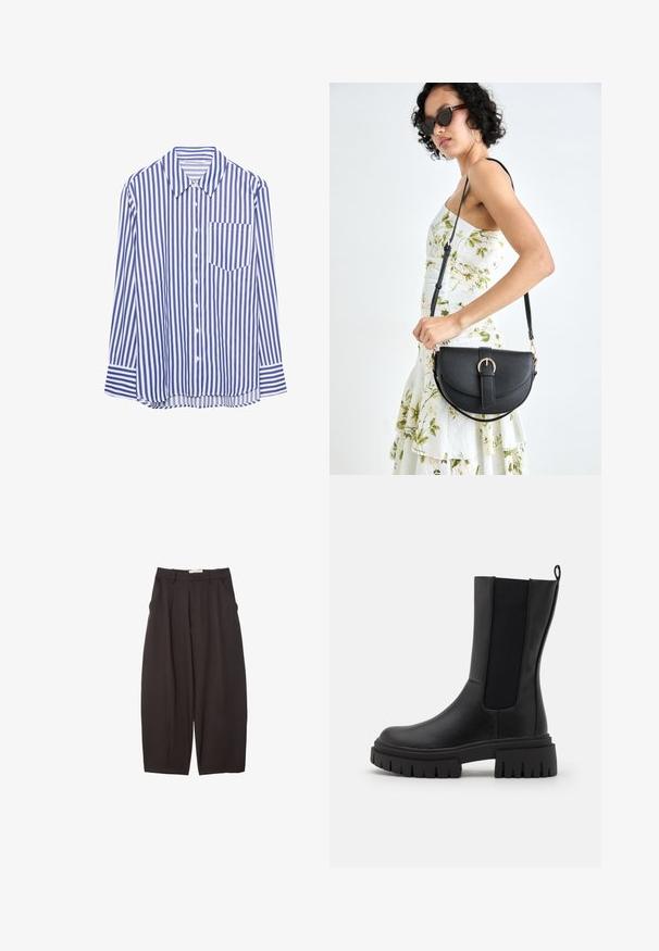 Blau-weiß gestreifte Langarm-Button-Down-Hemd mit spitzem Kragen und einer Brusttasche, flach auf einem weißen Hintergrund ausgelegt.; Schwarze weit geschnittene Hosen aus einem glatten Stoff, mit hoher Taille, Frontfalten und Seitentaschen. Schlichtes Design ohne Verzierungen.; Schwarze Stiefelette aus Leder mit strukturiertem Finish, elastischen Seitenpaneelen und einer dicken, geriffelten Sohle für besseren Halt.; Schwarze Lederhandtasche mit geschwungener Form, abnehmbarem Tragegurt und goldenen Beschlägen. Die Tasche verfügt über einen Deckel mit einer Schnallen-Details.