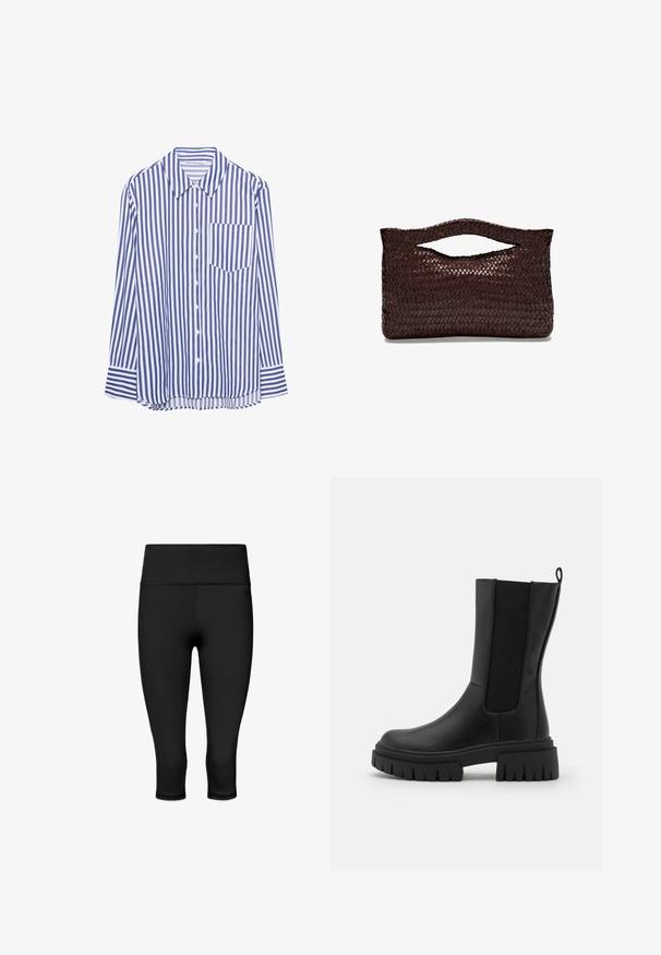 Blau-weiß gestreifte Langarm-Button-Down-Hemd mit spitzem Kragen und einer Brusttasche, flach auf einem weißen Hintergrund ausgelegt.; Schwarze Leggings, die bis zur Mitte der Wade reichen, mit einer glatten, dehnbaren Textur. Ausgestattet mit einem breiten Bund und flachen Nähten für Komfort und Flexibilität.; Schwarze Stiefelette aus Leder mit strukturiertem Finish, elastischen Seitenpaneelen und einer dicken, geriffelten Sohle für besseren Halt.; Braune geflochtene Lederhandtasche mit einem abgerundeten Obergriff und einer offenen Silhouette, die eine strukturierte Oberfläche und ein schlankes, minimalistisches Design aufweist.