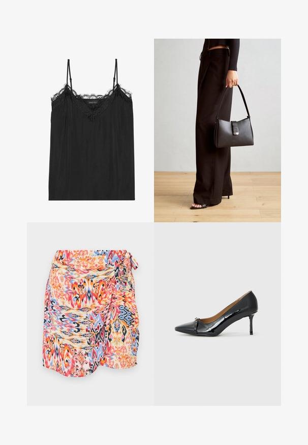 Camiseta negra de tirantes ajustables, con un borde de encaje con forma de onda a lo largo del escote y una textura de tela fluida y suave.; Falda envolvente colorida y con estampados que presenta diseños en espiral en rojo, azul, naranja y amarillo, con un lazo lateral y fabricada en un tejido suave y ligero.; Zapato de tacón alto de charol negro con punta afilada, detalle decorativo de tira en la parte delantera y un delgado tacón de aguja.; Bolso negro con forma estructurada, textura suave y un cierre metálico. Combinado con pantalones anchos negros y sandalias de dedo en un suelo de madera.