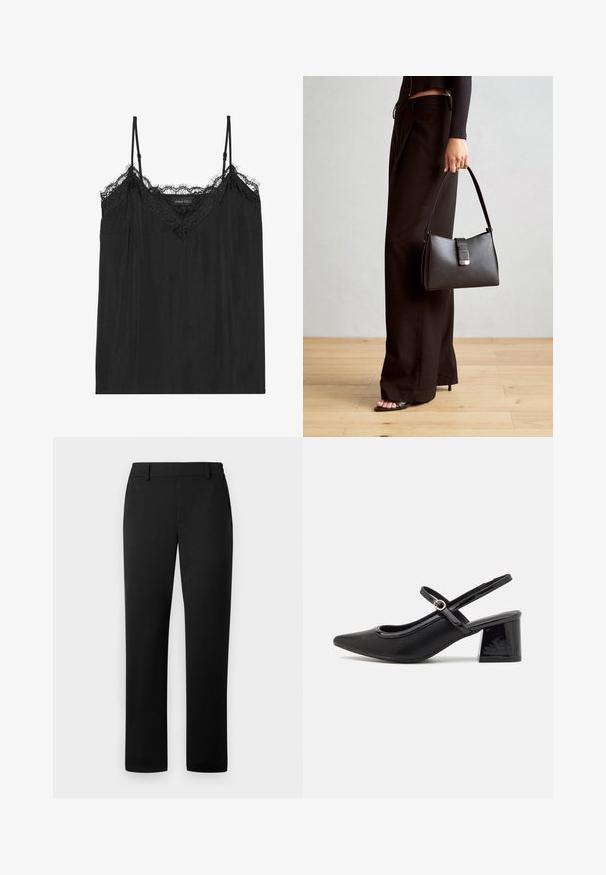 Čierna tielko s nastaviteľnými ramienkami, s vlnitým krajkovým lemom pozdĺž výstrihu a s voľným, jemným textilom.; Čierne nohavice so strihom rovného nohu, vyrobené z hladkej látky s upraveným pásom a prednými vreckami.; Čierne lakované kožené lodičky so slingback dizajnom, špicatou špičkou, zaobleným výrezom a blokovým podpätkom. Obsahuje akcent zlatého tónu s prackou.; Čierna kabelka so štruktúrovaným tvarom, hladkou textúrou a kovovou sponou. V kombinácii so širokými čiernymi nohavicami a sandálmi s otvorenou špičkou na drevenej podlahe.